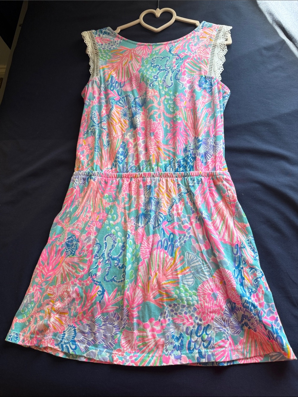 Girls' Pastel Coral Reef Print Dress with Lace Trim